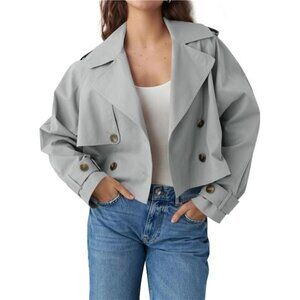 Womens Cropped Trench Coat Lapel Double Breasted Light Grey